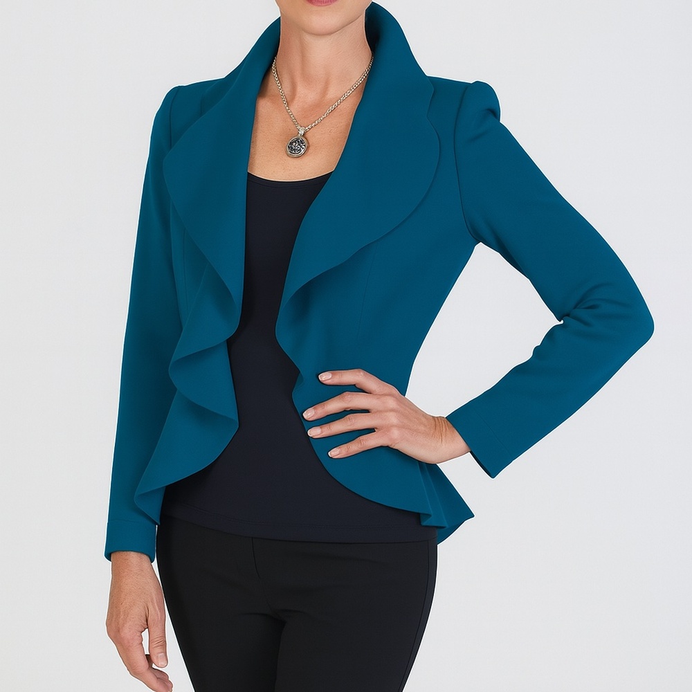 Vintage St John Boutique Santana Knit Ruffle Jacket Teal Blue